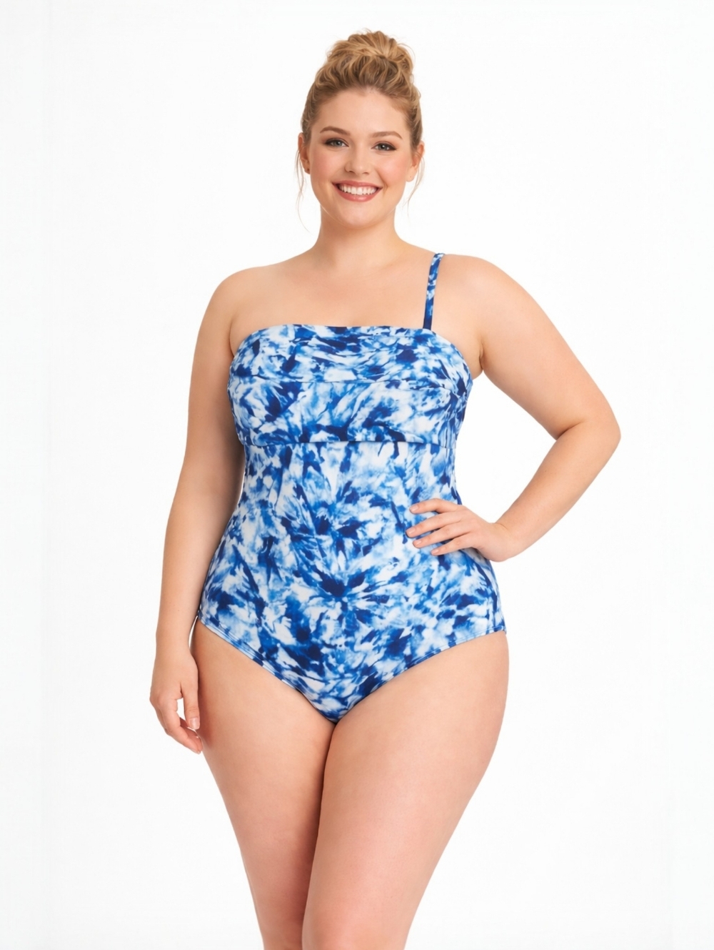 EVRI Womens Blue & White Tie Dye Skylar Bandeau One Piece Swimsuit Size …